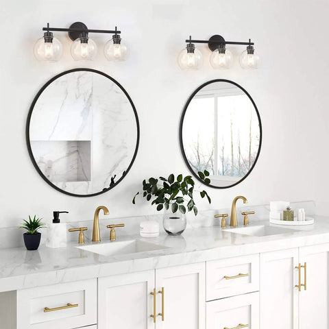 Super Stylish Modern Black Three Light Vanity Lights With Clear Glass Globe Shades Rust Resistant Matte Finish Bathroom Wall Sconce Over Mirror