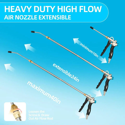 Heavy Hitter Industrial Air Blow Gun With 40 Inch Stainless Steel Extension Wand shown in three lengths for versatile cleaning use.