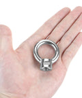 Rock Solid Boss Level Marine Grade Stainless Steel Lifting Eye Nut in hand, 3/8 inch UNC thread, ready for heavy duty rigging jobs.