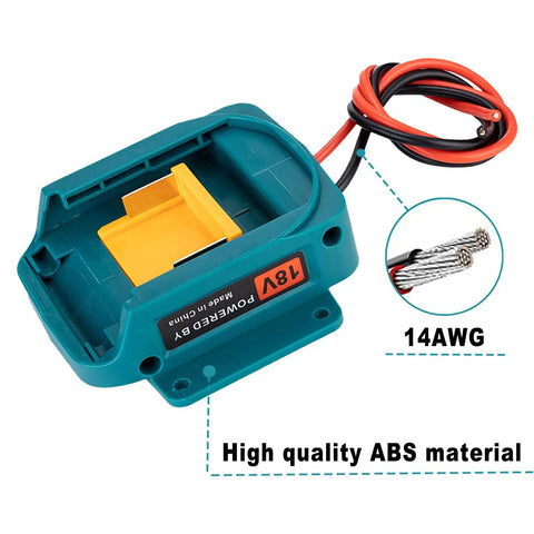 Beefy Battery Adapter Wheel For 18V LXT Li Ion Packs With 14 Gauge Wire Connector, close-up of ABS material and wire gauge details