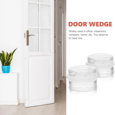 Two Pack Silicone Door Stopper Wedges preventing finger injuries and door slams shown beside open door in home setting