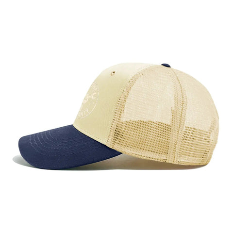 Breathable Unisex Trucker Hat With Adjustable Buckle For All Day Outdoor Fun And Water Adventures, side view showing mesh design.