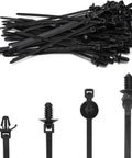 Heavy Duty 40 Pack Push Mount Zip Ties Snap in Nylon Cable Clips for Automotive Wire Harness Management Black Under Hood Fasteners Built Tough as Nails With Dead Simple Install, showcasing various clip designs.