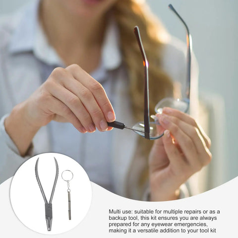 Person using Stainless Steel Eyeglass Repair Kit With Nose Pad Pliers And Screwdriver For Quick Glasses Fixes