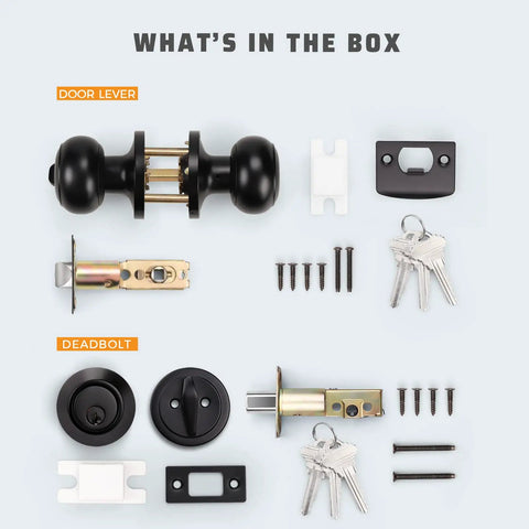 Contents of the box for 3 Pack Keyed Alike Entry Door Knobs And Single Cylinder Deadbolt Lock Set Matte Black Finish
