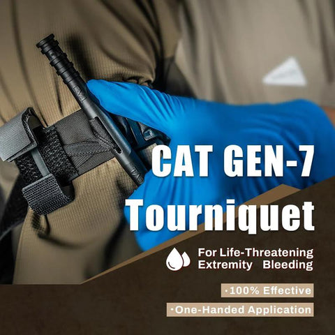 CAT Gen-7 tourniquet clipped to a MOLLE pouch on Rhino Rescue IFAK trauma kit; blue-gloved hand visible