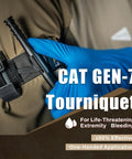Close-up of Rhino Rescue IFAK trauma kit with CAT Gen-7 tourniquet on a MOLLE pouch, blue-gloved hand.