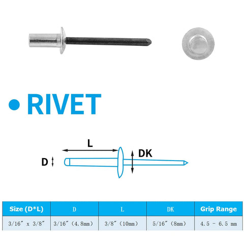 Diagram and specifications of 60 Pack Aluminum Closed End Pop Rivets Three Sixteenth Inch By Three Eighths Inch Blind Rivets With Sealed Dome Head.