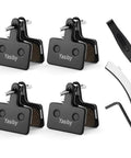 High Performance Disc Brake Pads For MTB Bikes With Installation Tools Four Pairs Semi Metallic And Organic Resin Replacement Compatible With TRP Tektro Shimano Deore Brakes, showing four black brake pads and three installation tools.