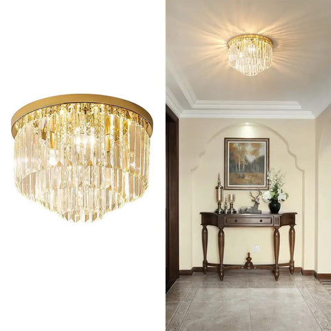 Lit French Gold Crystal Chandelier Ceiling Light 16 Inch Semi Flush Mount with five lights in an elegant living room.