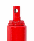 Hydraulic jack ram top in red with a through-hole in the piston for a clevis pin; metal.