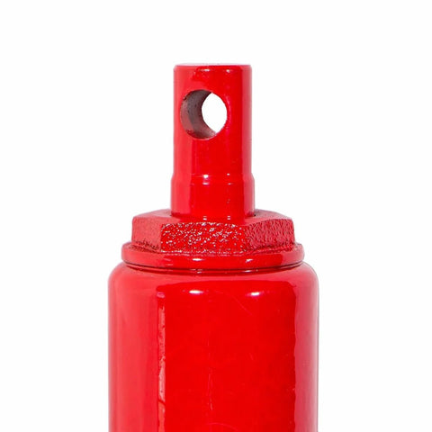 Hydraulic jack ram top in red with a through-hole in the piston for a clevis pin; metal.