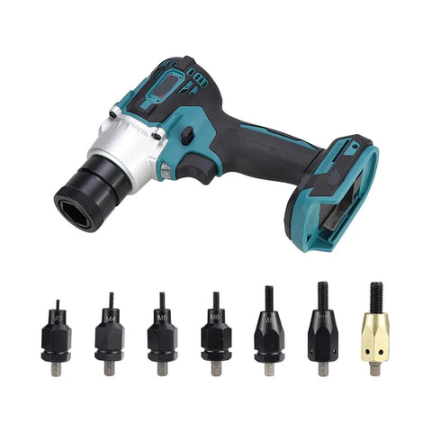 Pro Workhorse Cordless Electric Rivet Gun With Brushless Motor, includes M3 to M12 nozzles for metal working.