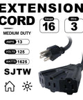 10 Ft Outdoor Extension Cord With Three Outlets, Heavy Duty 16/3 SJTW Black Cable, Grounded 3 Prong Plug, Weatherproof