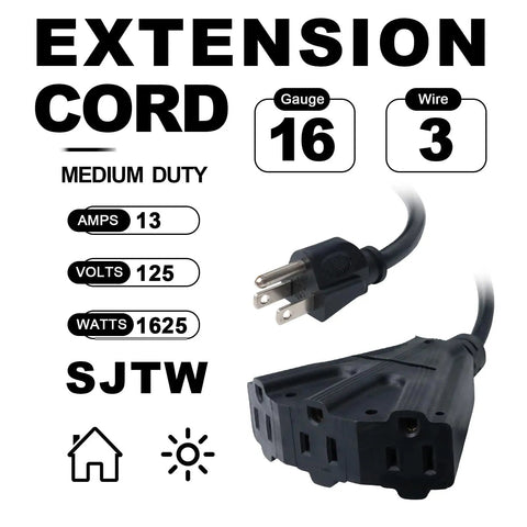 Beefy 6 Foot Outdoor Extension Cord With 3 Outlets 16/3 SJTW Water Resistant Heavy Duty Black Cable With Reinforced Blades And Slip Resistant Design 13 Amp 125 Volt 1625 Watt, black 3-outlet plug