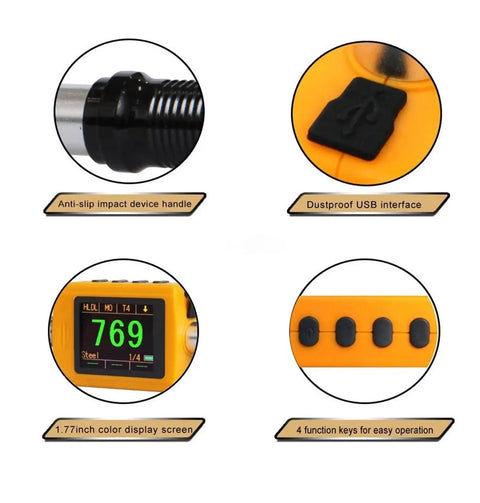 Dead Accurate Digital Leeb Pen Type Hardness Meter Featuring Hella Crisp OLED Screen And Smooth Auto 360 Degree Rotation, showing features like USB, screen, and buttons.