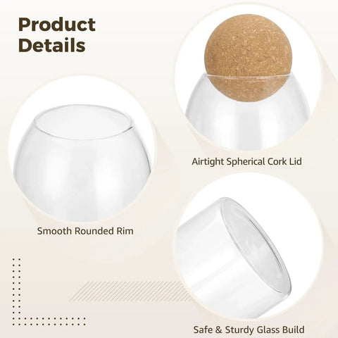 Airtight spherical cork lid on clear glass jar showcasing smooth rounded rim, a feature of the Straight Up Kitchen Essential Four Piece Glass Jar Collection With Airtight Spherical Cork Lids To Lock In Coffee Tea Candy Freshness And Effortlessly Organize Pantries No Fuss.