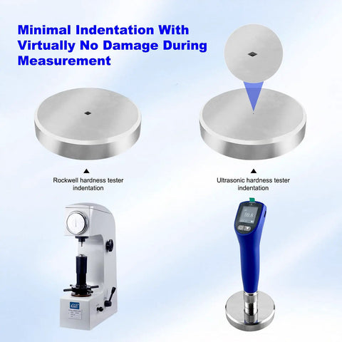 Portable Ultrasonic Hardness Tester With Dual Probes For Measuring HL HV HB HS HRA HRB HRC, handheld metal gauge shown with minimal indentation