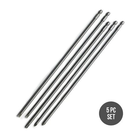 Extra Long 12 Inch Bit Set For Power Drivers 5 Piece Cr V Steel Screwdriver Bits Phillips PH1 PH2 PH3 And Slotted Three Sixteenths And One Quarter Inch Hex Shank Durable Long Reach Bits