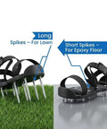 Epoxy Floor Spiked Shoes With 1 Inch Spikes, 4 Pairs For Coating, Overlay And Resin Application, Adjustable Straps shown on floor and lawn