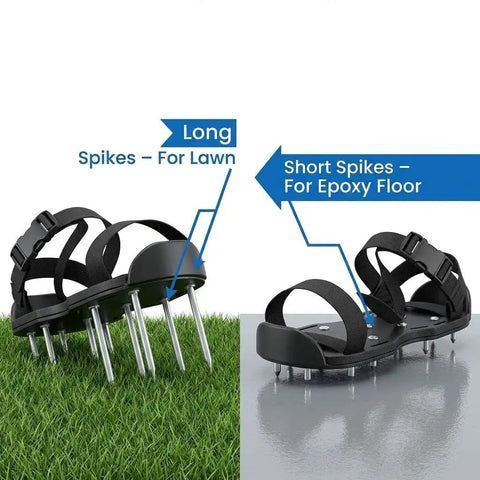 Epoxy Floor Spiked Shoes With 1 Inch Spikes, 4 Pairs For Coating, Overlay And Resin Application, Adjustable Straps shown on floor and lawn