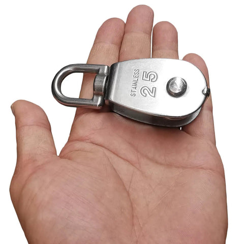 Heavy Duty Stainless Steel M25 Single Pulley Block Set With Spring Snap Hook For Lifting And Rigging, One Inch Sheave Pulley Wheel, hand-held