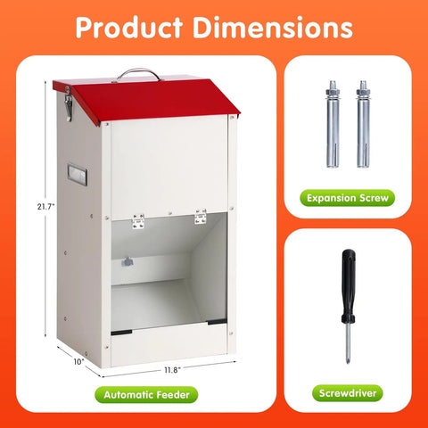 Product dimensions of Heavy Duty Automatic Dog Feeder For Large Dogs With 25lb Gravity Bowl Clear Window View.