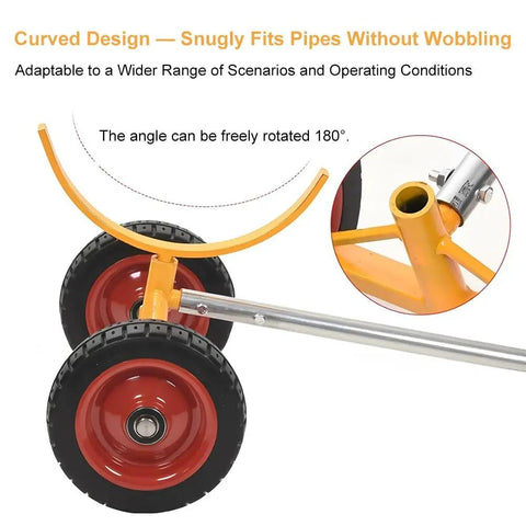 Curved design of Rock Solid Heavy Duty Pipe Cart With Solid Tires Steel Bar Cradle Supports 800 Lb for snug pipe fitting.