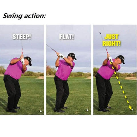 Swing action demonstration with golfer, showcasing the Golf Swing Trainer For Indoor And Outdoor Practice, Swing Plane Coach.