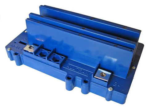 Heavy Duty DC Motor Controller Delivering Bulletproof 400 To 450 Peak Amp Output With Smooth 48 Volt Handling, blue casing, top view.