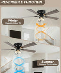 52 Inch Flush Mount Farmhouse Ceiling Fan With Remote And Reversible Wood Blades shows airflow direction for winter and summer.