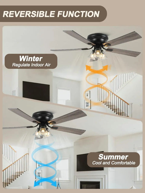 52 Inch Flush Mount Farmhouse Ceiling Fan With Remote And Reversible Wood Blades shows airflow direction for winter and summer.