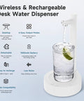 5 Gallon Desktop Water Dispenser With Portable Pump Countertop Electric Water Pump For Home Office Desk And Outdoor Use USB C Fast Charging Compact Cool White next to glass, features displayed.