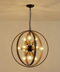12 Light Farmhouse Dining Room Chandelier With Adjustable Chain In Oak And Brass Finish, Rustic Globe Pendant Light Fixture, lit.
