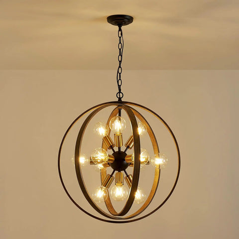 12 Light Farmhouse Dining Room Chandelier With Adjustable Chain In Oak And Brass Finish, Rustic Globe Pendant Light Fixture, lit.