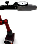 KHCRAFT mini magnetic base indicator holder with dial indicator on a red articulated arm and adjustable black clamp