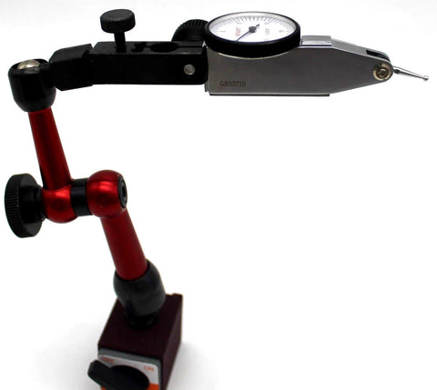 KHCRAFT mini magnetic base indicator holder with dial indicator on a red articulated arm and adjustable black clamp