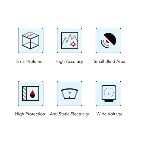 Illustration showing features of Underwater Ultrasonic Distance Sensor For Pools With 6 Meter Range Powered By DC 5 24V UART Control Ultra Compact Design Tiny Blind Spot High Accuracy Obstacle Avoidance Alternative To Cameras For Safer Pool Navigation including small volume, high accuracy, small blind area, high protection, anti static electricity, and wide voltage range.