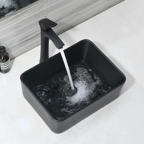 Matte Black Vessel Sink And Faucet Combo For Bathroom Above Counter Rectangular Ceramic Sink With Matte Black Faucet