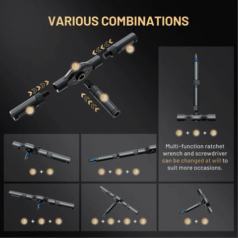 Various configurations of Ultimate 24-In-1 Magnetic Ratchet Screwdriver Set With Reversible T-Handle And Mini Bit Driver Kit