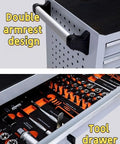 Three Drawer Rolling Tools Chest With Lockable Cabinet For Garage, Warehouse And Workshop On Wheels, High Capacity Tool Storage Cart, Heavy Duty Red Metal Chest For Easy Organization And Secure Tool Keeping. Double armrest design and tool drawer