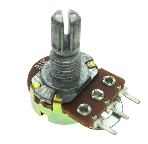 Close-up of Five Pack 1M Ohm Rotary Potentiometers top adjustment with single linear taper knurled 6mm shaft 3-pin visible