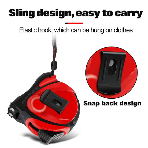 Industrial Magnetic Tape Measure With Fractions 1/8 And Metric, Auto Lock, True Zero Hook, belt clip shown with easy carry design