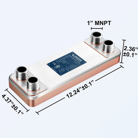 4x12 Inch Water-To-Water Brazed Plate Heat Exchanger, 11 Plates, 1 In MPT Port, 316L Stainless Steel Copper-Brazed Core dimensions