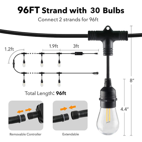 Smart Outdoor String Lights 96ft With 30 LED Bulbs Dimmable Shatterproof 2.4GHz WiFi Bluetooth App Control Works With Alexa And Google Assistant IP65 Waterproof Extendable Patio Lighting For Backyard Vibes