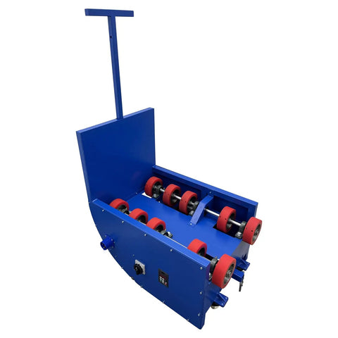 Heavy Duty Electric Drum Rotator Mixer For Nailing Paint And Grease Blends Fast Using Variable Speed Up To 46 RPM And 400W Power Handling 200 Liter Drums Up To 485 Lbs No Fuss, blue mixer with red rollers.