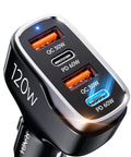 Blazing 120W USB C Car Charger With Four Ports And PD 3.0 Quick Charge detailed top view showing quick charge ports.