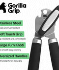Heavy Duty Stainless Steel Smooth Edge Manual Can Opener And Bottle Opener With Oversized Handheld Turn Knob Soft Comfortable Handle Multifunction Kitchen Tool Us Designed Black with oversized black handles and built-in bottle opener.