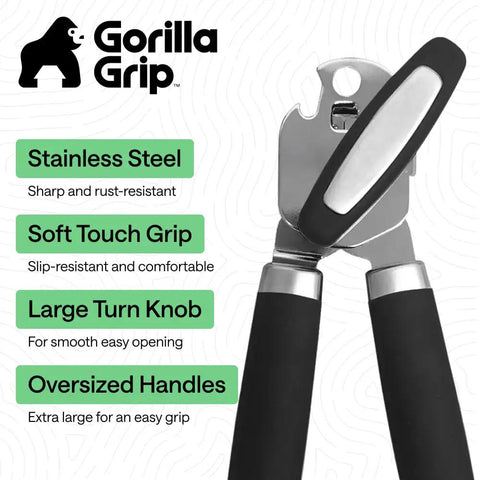 Heavy Duty Stainless Steel Smooth Edge Manual Can Opener And Bottle Opener With Oversized Handheld Turn Knob Soft Comfortable Handle Multifunction Kitchen Tool Us Designed Black with oversized black handles and built-in bottle opener.