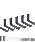 Built Tough Heavy Duty Floating Shelf Brackets Set Of 6 6 Inch Long 4 Inch High 1.5 Inch Lip Black Rustic Iron Wall Mounted Brackets For DIY Open Shelving Fits 5.5 Inch Boards with screws and anchors displayed.